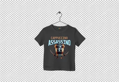 Playful Cappuccino Ninja Assassin Character Graphic on Dark T-Shirt Mockup image