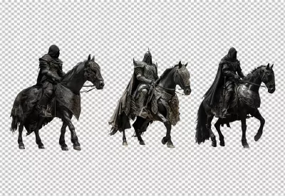 Dark Knight Riding Armored Black Horse in Ornate Medieval Fantasy PNG Cutout image