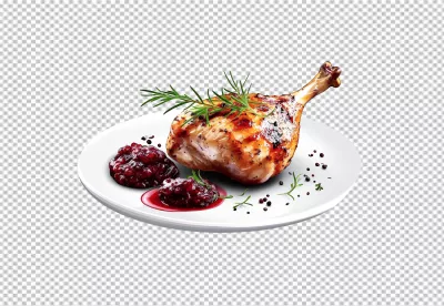 Delicious Roasted Chicken Leg with Cranberry Sauce and Fresh Rosemary Gourmet Meal image
