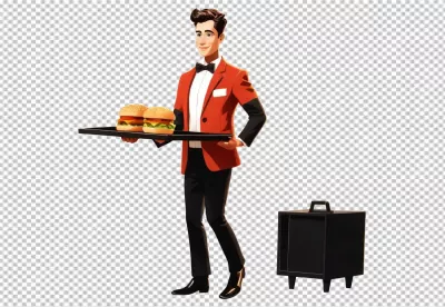 Professional Waiter in Red Jacket Serving Fresh Cheeseburgers on a Tray image