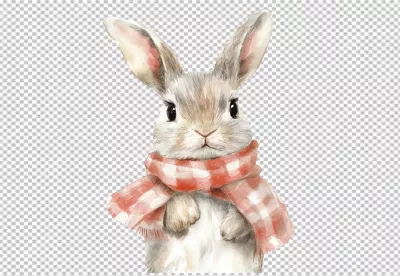 Cute Watercolor Rabbit Wearing Red Plaid Scarf for Festive Designs image