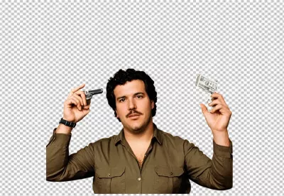 Charismatic Man with Mustache Holding Money Gun and Real Pistol, Symbolizing Power image