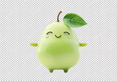 Cute 3D Smiling Green Pear Character with Fresh Leaf for Playful Designs image