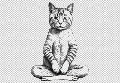 Black and White Cat Meditating in Lotus Pose Digital Line Art Illustration image