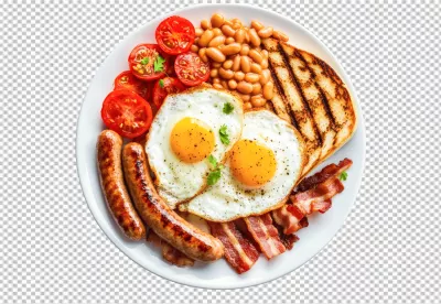 Classic Full English Breakfast Plate with Fried Eggs, Bacon, Sausages, Baked Beans, and Toast Cutout image