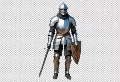 Detailed full body image of a medieval knight in shining armor with sword and shield image