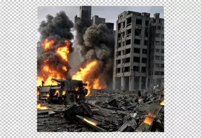 War-torn urban street: burning military vehicle and destroyed city buildings after conflict image