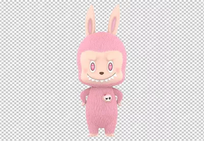 Adorable Pink Furry Monster Figure with Bunny Ears, Heart Eyes, and Skull Patch image