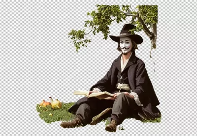 Anonymous Figure in Guy Fawkes Mask Reading a Book Under a Tree image