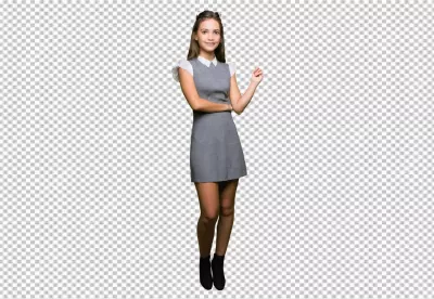 Smiling Young Woman in Elegant Grey Dress with Ruffled Sleeves image