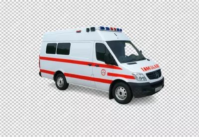 Modern White Medical Ambulance Van with Red Stripes and Blue Lights image