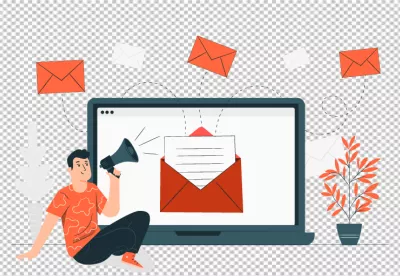 Man Announcing Email Marketing Strategy on Laptop with Flying Envelopes image