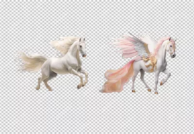 Majestic Fantasy Horses Duo: Graceful White Horse and Ethereal Flying Pegasus PNG image