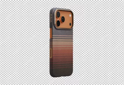 Stylish iPhone Pro Case with Woven Blue Orange Gradient Pattern and Gold Camera Detail image