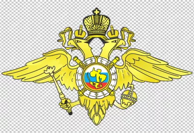 Golden double-headed eagle emblem with Russian flag on black background