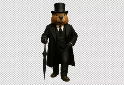 Dapper Anthropomorphic Beaver Gentleman in Top Hat and Suit with Umbrella image