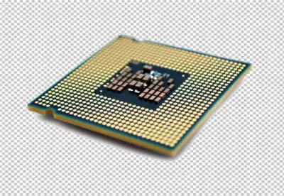 Blue CPU computer microchips with AI isolate on transparency