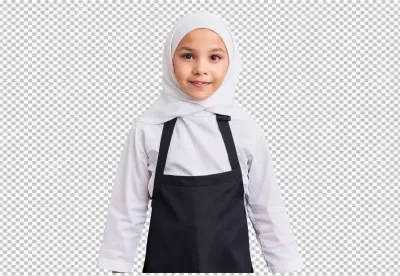 Smiling Young Muslim Girl Wearing White Hijab and Black Apron Ready for Culinary Activity image