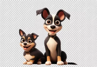 Happy Cartoon Puppies: Two Playful Black, White, and Tan Dogs Smiling, Isolated on White Background image