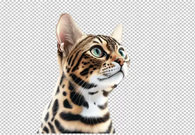 Alert Bengal Cat Looking Upward with Striking Green Eyes PNG Cutout image