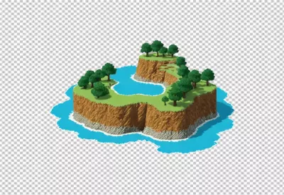 Vibrant cartoon-style island landscape with lush green trees and clear blue water image