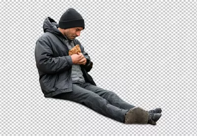 Pensive Man in Worn Clothes Cradling Bread, Symbolizing Hunger and Hope image