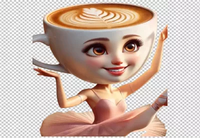 Charming Coffee Cup Ballerina Character with Delicate Latte Art Head image