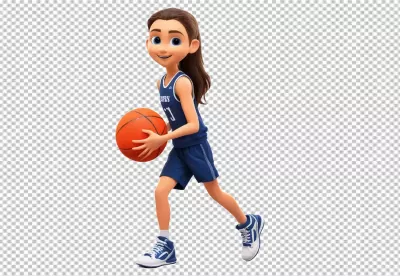 Energetic 3D Animated Girl Dribbling Basketball in Blue Sports Uniform image