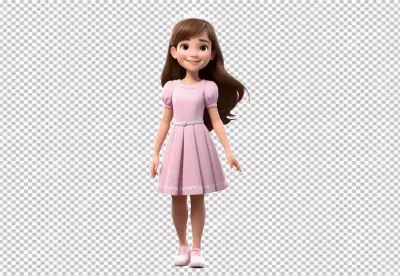 Smiling 3D Cartoon Princess in Pink Dress with Tiara and Flowing Brown Hair image