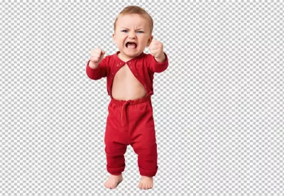 Expressive Toddler in Red Outfit Roaring with Clenched Fists on White Background image