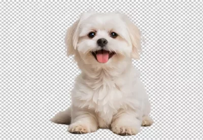 Happy playful white fluffy Maltese puppy dog sitting looking at camera image