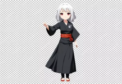 Charming Anime Girl with Short White Hair and Red Eyes Wearing a Black Kimono with Red Obi image