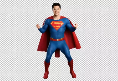 Smiling Man in Iconic Blue Superhero Suit Flexing Muscles and Red Cape image