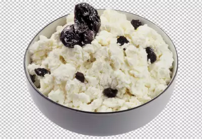 Cottage cheese in a traditional wooden bowl on a png  background