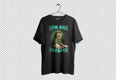 Black T-Shirt Featuring Whimsical Moss Creature and 'Brr Brr Patapim' Text Design image