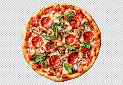 Delicious Classic Pepperoni Mushroom Pizza with Fresh Basil Leaves PNG image