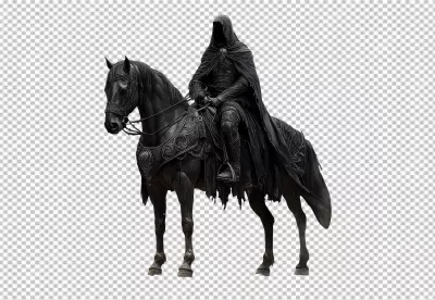 Mysterious Dark Hooded Figure Riding Armored Fantasy Horse PNG Cutout image