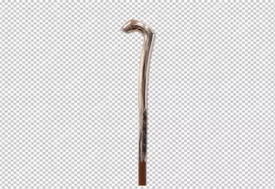 a silver walking stick with a brown handle