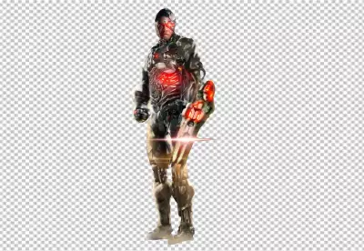 A futuristic robot standing in front of a city skylin PNG