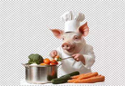 Funny Pig Chef Cooking Fresh Vegetables in Pot image