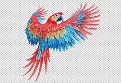 Vibrant Flying Macaw PNG Cutout – Colorful Tropical Parrot Bird in Dynamic Flight image