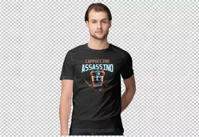 Man wearing a black t-shirt with a humorous 'Cappuccino Assassino' ninja coffee cup design image