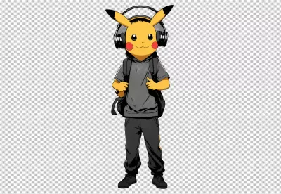 Pikachu in Urban Streetwear: Anime Character with Headphones and Backpack Illustration image