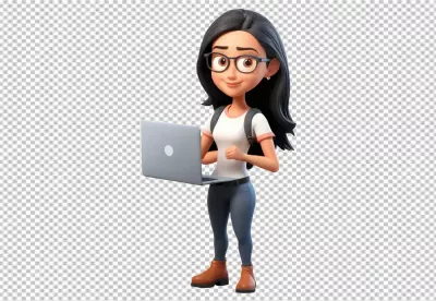 Smiling 3D Animated Female Student with Laptop and Backpack, Engaging with Technology image