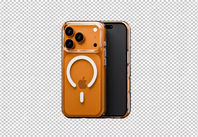 Orange iPhone 15 Pro Max with Clear MagSafe Case and Triple Camera System image