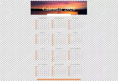 Stunning 2026 Yearly Calendar with Vibrant Sunset over Serene Lake Background image