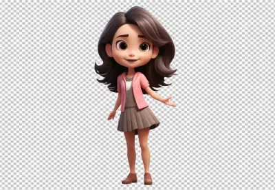 Smiling 3D Animated Girl with Wavy Brown Hair in Pink Jacket and Pleated Skirt image