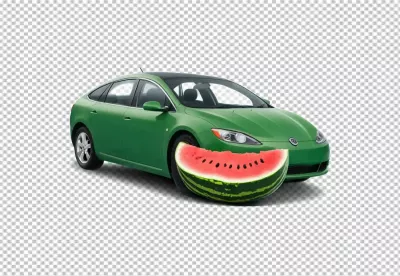 Vibrant Green Sedan with Juicy Watermelon Slice as Creative Car Bumper image