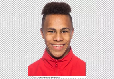 Smiling Norwegian Male Athlete Portrait in Red Sportswear for Tokyo 2020 Olympics image