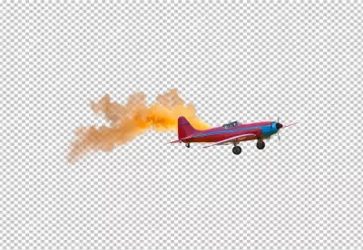 Red and Blue Propeller Plane with Orange Smoke Trail on White image